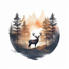 Foto op Plexiglas Wildlife forest animal illustration - Watercolor painting of deer stag with antlers, design for logo or t shirt, isolated on white background (Generative Ai) © Corri Seizinger