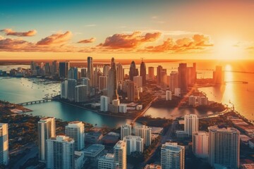 Fototapeta premium A panoramic aerial view of the Miami skyline at sunset, showcasing the city's iconic pastel-colored buildings and palm tree-lined streets. Generative AI