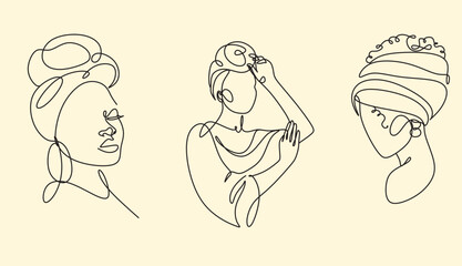 Minimalistic drawing of beautiful black women, afro american women, celebrating black history month, vector, outline