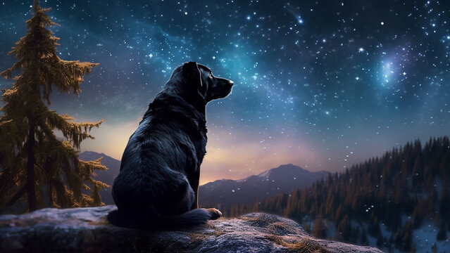 Black dog gazing at the star sky on a summer night on a cliff. Aesthetic pet picture. AI art.