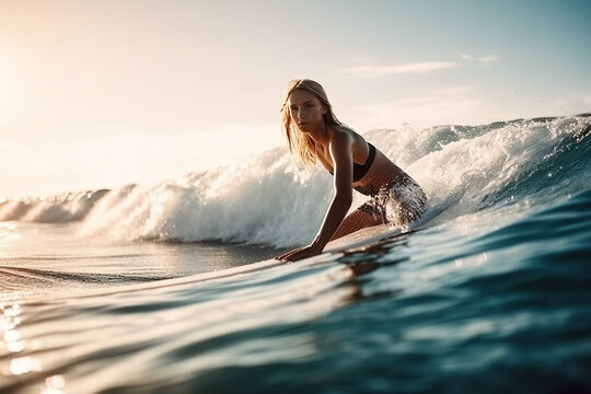 sexy surfer girl swims on surfboard on waves of sea in summer. Generative AI