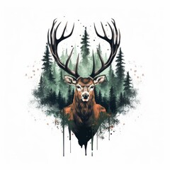 Wildlife forest animal illustration - Watercolor painting of deer stag head with antlers, design for logo or t shirt, isolated on white background (Generative Ai)