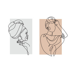 Obraz premium Minimalist Line art portrait of young Afro american woman in a minimalistic modern style. Line drawing. - Vector illustration