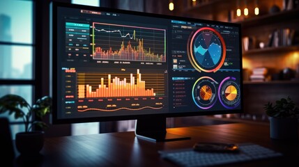 Monitor showing a financial dashboard with multiple charts and graphs. Generative AI