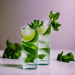 Cold Mojito cocktail with ice cubes and mint. Sunlight and shadow background. beige minimal - generative ai
