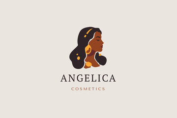 Romantic African woman head jewelry accessories beauty logo design template vector flat