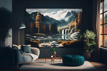 Livingroom interior with a landscape on the wall. Generative ai.