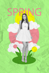 Vertical collage portrait of stunning black white gamma girl drawing spring flowers isolated on...