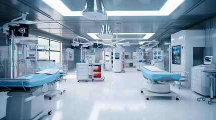 Naklejka na ściany i meble A hospital room with blue beds and a ceiling with medical equipment. AI generative