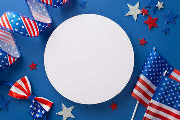A captivating display of top view curly ribbon, stars, bow-tie, flagpoles graces blue background...