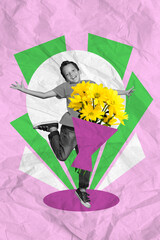 Vertical collage image of excited black white gamma boy jumping fresh flowers bouquet isolated on...