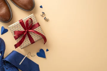 Behang Celebrate Father's Day with this top view arrangement of leather shoes, hearts, accessories, blue necktie, cufflinks, and gift box on a pastel beige background, complete with an empty space for text © ActionGP