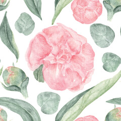 Pink Peony Flowers and Buds with Eucalyptus Leaves Seamless Pattern. Wet in Wet Watercolor. Hand-drawn botanical illustration  for wallpaper, banner, textile, postcard or wrapping paper