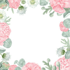 Pink and White Floral Square Frame. Peonies with Yarrow. Romantic Floral Watercolor Frame for Invitations, Postcards and other Stationery