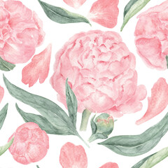 Pink Peony Flowers, Petals and Buds with Leaves Hero Seamless Pattern. Wet in Wet Watercolor. Hand-drawn botanical illustration  for wallpaper, banner, textile, postcard or wrapping paper