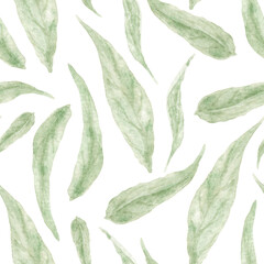 Warm-green Yarrow Leaves Seamless Pattern. Watercolor in Wet in Wet. Hand-drawn botanical illustration  for wallpaper, banner, textile, postcard or wrapping paper