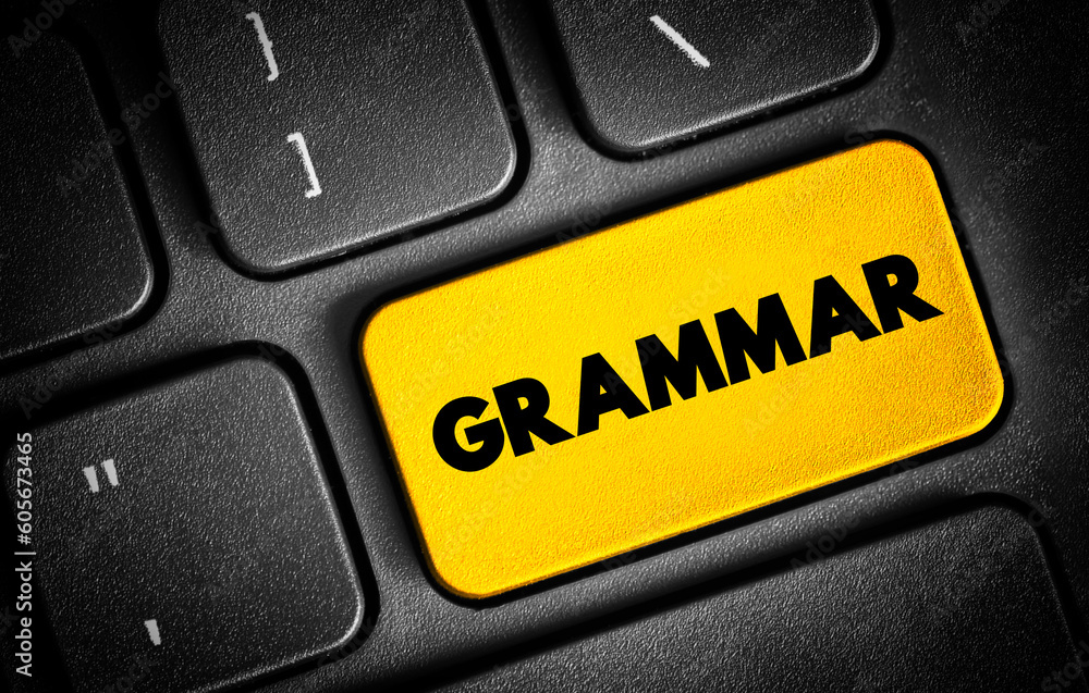 Poster grammar text button on keyboard, concept background