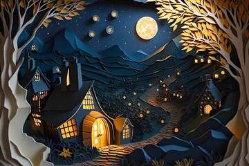 halloween landscape in paper cut style