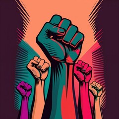 illustration of a person in the background, hand with a closed fist raised in protest, colorful hands, in high resolution, generated by artificial intelligence.