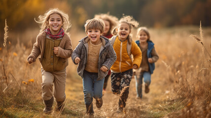 Fototapeta premium Happy kids playing outside and having fun together in summertime, a group of joyful friends running in green park. Children and friendship concept. generative ai