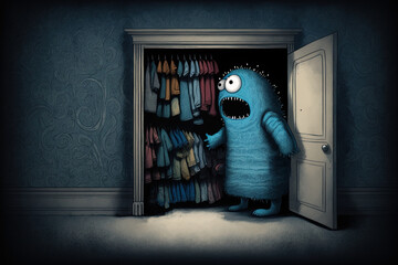 An Illustration of a Scary Frightening Monster Hiding in the Wardrobe Closet Causing Nightmares, generative ai