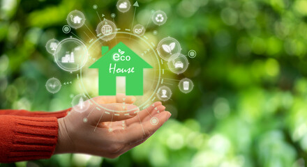 Hand holding eco house, home, saving clean energy earth globe, ecology, solar panel, environment, green, eco friendly, real estate, ecosystem.campaign save the earth, earth Day 22 April