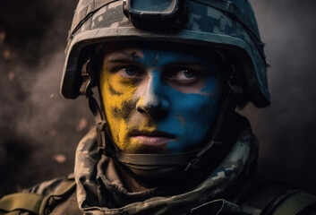 Soldier in military uniform UA army with Ukrainian national flag colors on face, Armed special forces. Defense. Loyalty. Patriotism concept. Men Portrait. Stop russian aggression. generative ai