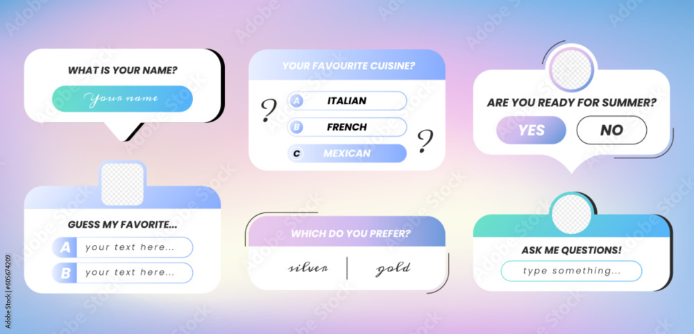 Poster social media polls. flat interface design elements on gradient background. ask me question and choic