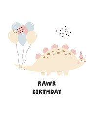 Illustration with a cute Birthday dinosaur in a simple hand drawn style.