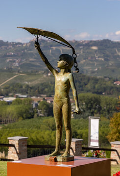 Grinzane Cavour, Italy - Sept 9, 2022: Open air art installation with sculptures by Sergio Unia in the garden of Grinzane Cavour Castle. Piedmont, Italy