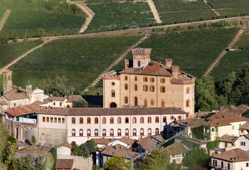 The town of Barolo, with the Falletti castle, surrounded by vineyards in Langhe region. Piedmont, Italy