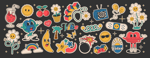 Naklejka premium Cartoon groovy stickers 70s. Cute retro characters. Hippie style, set cute labels. Isolated on black background