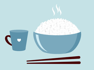 Rice bowl with chopsticks and mug cup on blue background vector illustration.