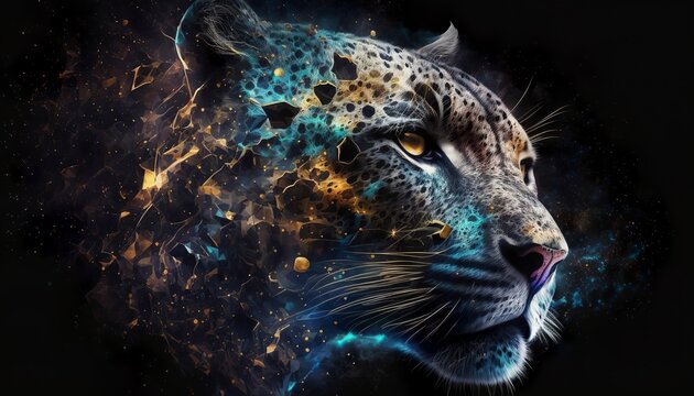 jaguar head depicted on a galaxy background