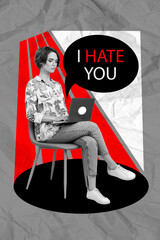 Image poster collage artwork of serious confident businesswoman sitting chair reading negative...