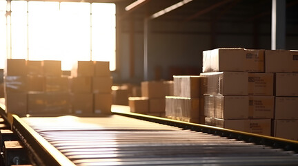 many сarton of boxes in the rays of the sun on conveyor belt warehouse ready for delivery. Banner. Generative AI