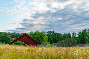 View of a red barn across a field of crops with clouds in the sky.