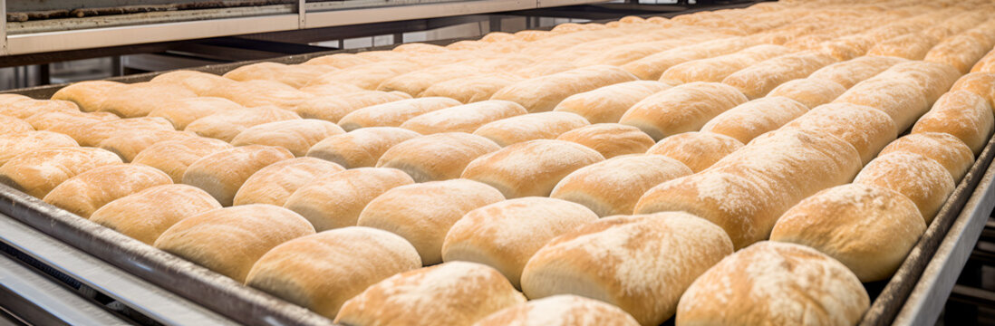 Loafs of bread in a bakery on an automated conveyor belt. Generative AI
