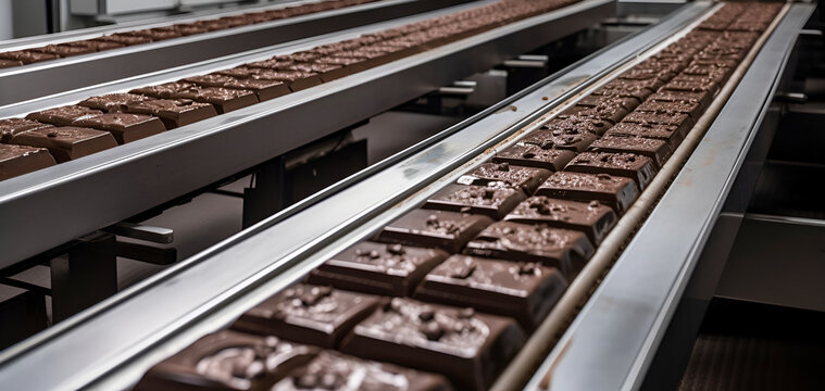 Conveyor line at the plant of the confectionery factory. Robotic automated production of chocolate products. Chocolate in a food processing plant, ready for automatic packaging.  Generative AI