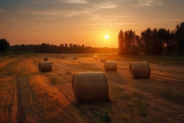 Field with hay rolls at sunset. Generative AI.