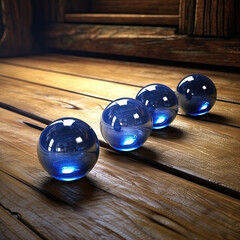 Blue glass balls on wooden background. Generative AI