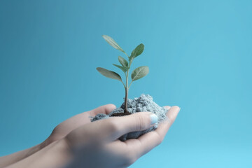 Hands holding plant seedling. Generative AI illustration