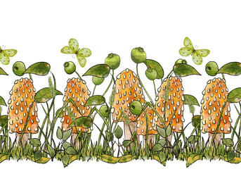 Watercolor Mushroom border with Butterflies. The illustration is hand drawn. Grass, Toadstools and Butterflies.