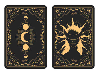 The reverse side of a tarot cards batch, pattern with blindfold witch face and lunar phases, esoteric and mystic symbols, sorcery, vector - obrazy, fototapety, plakaty