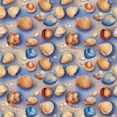 Seamless pattern: watercolor illustration of seashells and pebbles on the sand. generative ai