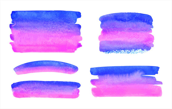 Pink, blue, purple gradient vector watercolor brush strokes, stripes set. Banners collection, rectangle shape. Painted colorful watercolour stains textures. Bright aquarelle template, text background.