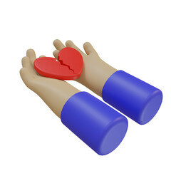 3d render illustration of a hand icon carrying a cracked or broken heart. broken heart concept