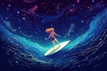 surfer girl on surfboard is floating on waves in space. Dreams of traveling to stars and galaxies. Generative AI illustration