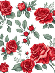 Watercolor red rose and leaves clipart on white background , Generative AI illustration 