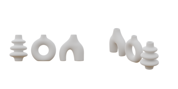 Isolated cutout 3d render of contemporary vases in 3 model option. 